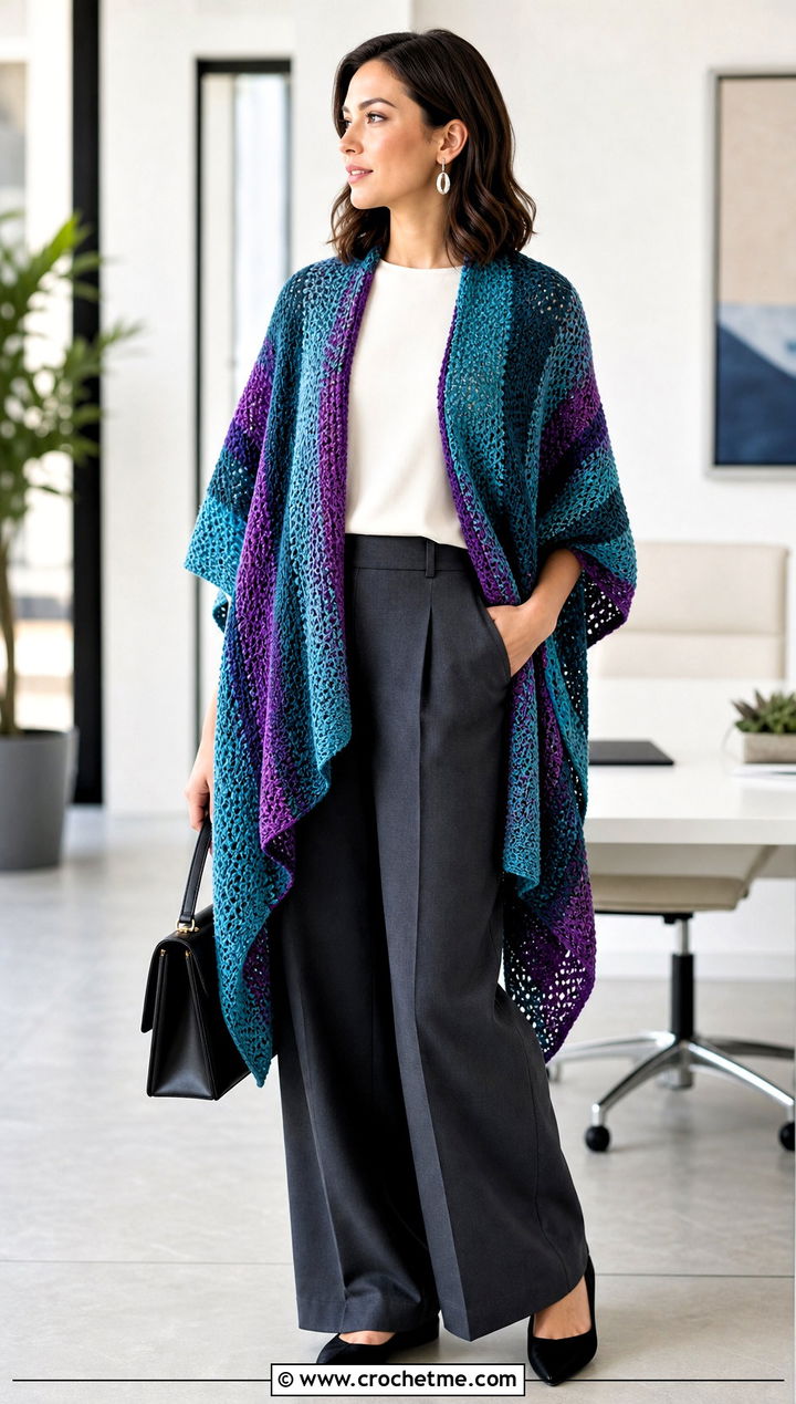Open Front Ruana Wrap With Tailored Trousers - 15 Colorful Striped Crochet Wrap outfit ideas