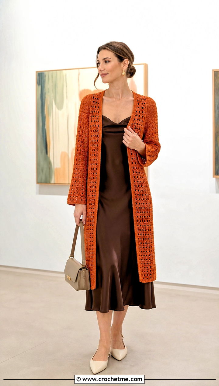 Open Front Sally Cardigan With Slip Dress - 20 Crochet Sally Cardigan outfit ideas