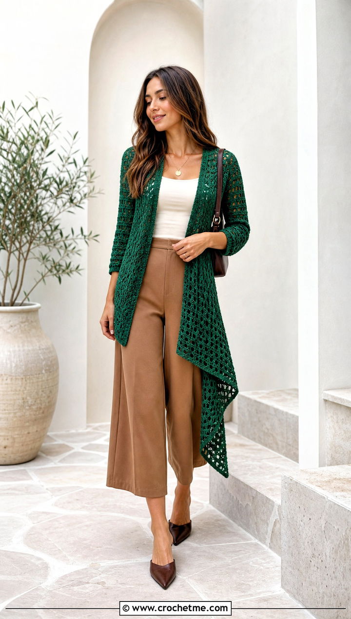 Open Front Side Drape Crochet Cardigan With Culottes - 30 crochet asymmetrical cardigan outfit ideas