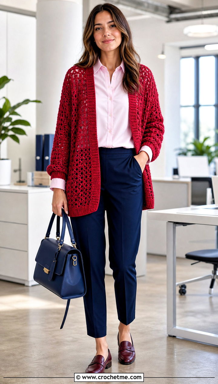 Open Front Slouchy Crochet Cardigan With A Button Down Shirt - 25 Slouchy Crochet Cardigan outfit ideas