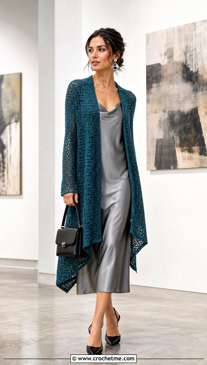 Open Front Sport Weight Crochet Cardigan With Slip Dress - 20 Crochet Cardigan Sport Weight Yarn outfit ideas