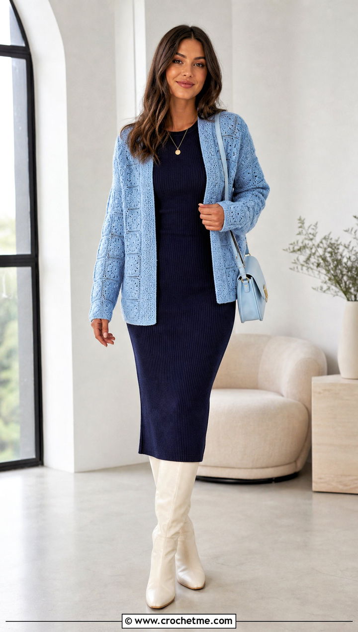 Open Front Square Cardigan With Ribbed Knit Dress - 30 crochet square cardigan outfit ideas