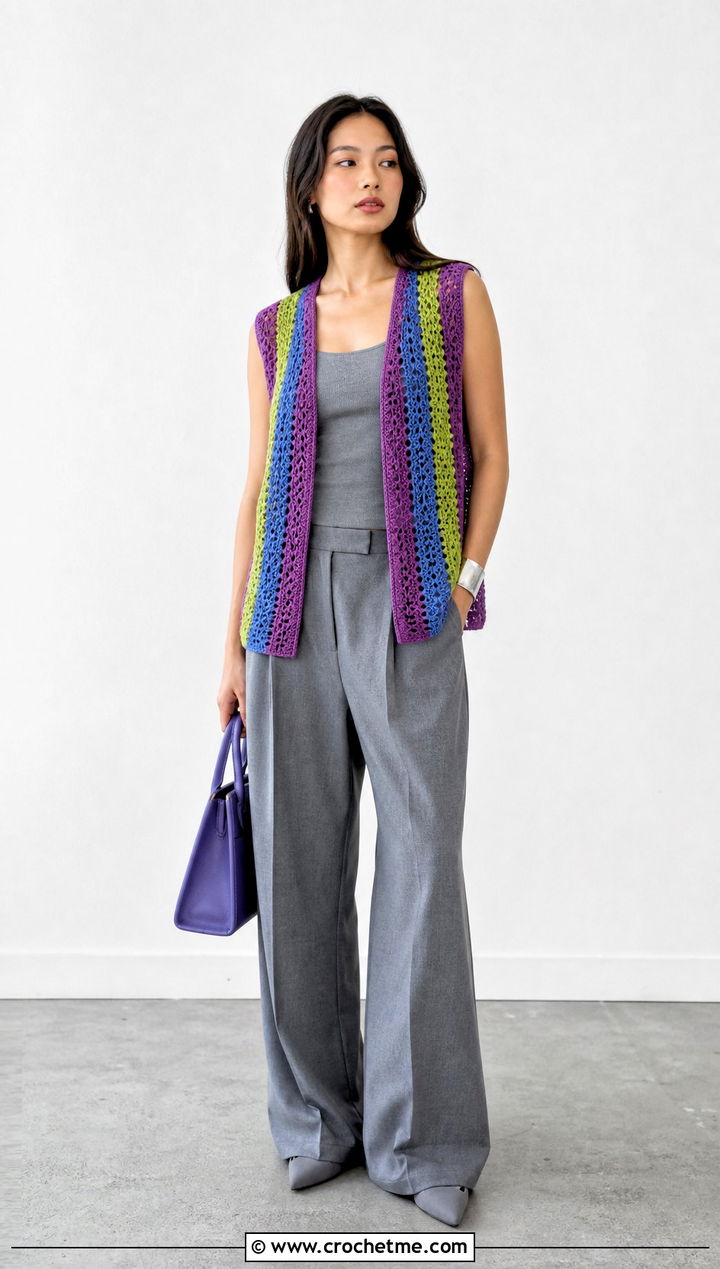 Open Front Stripe Crochet Vest With Monochrome Outfit - 25 crochet vest stripes outfit ideas