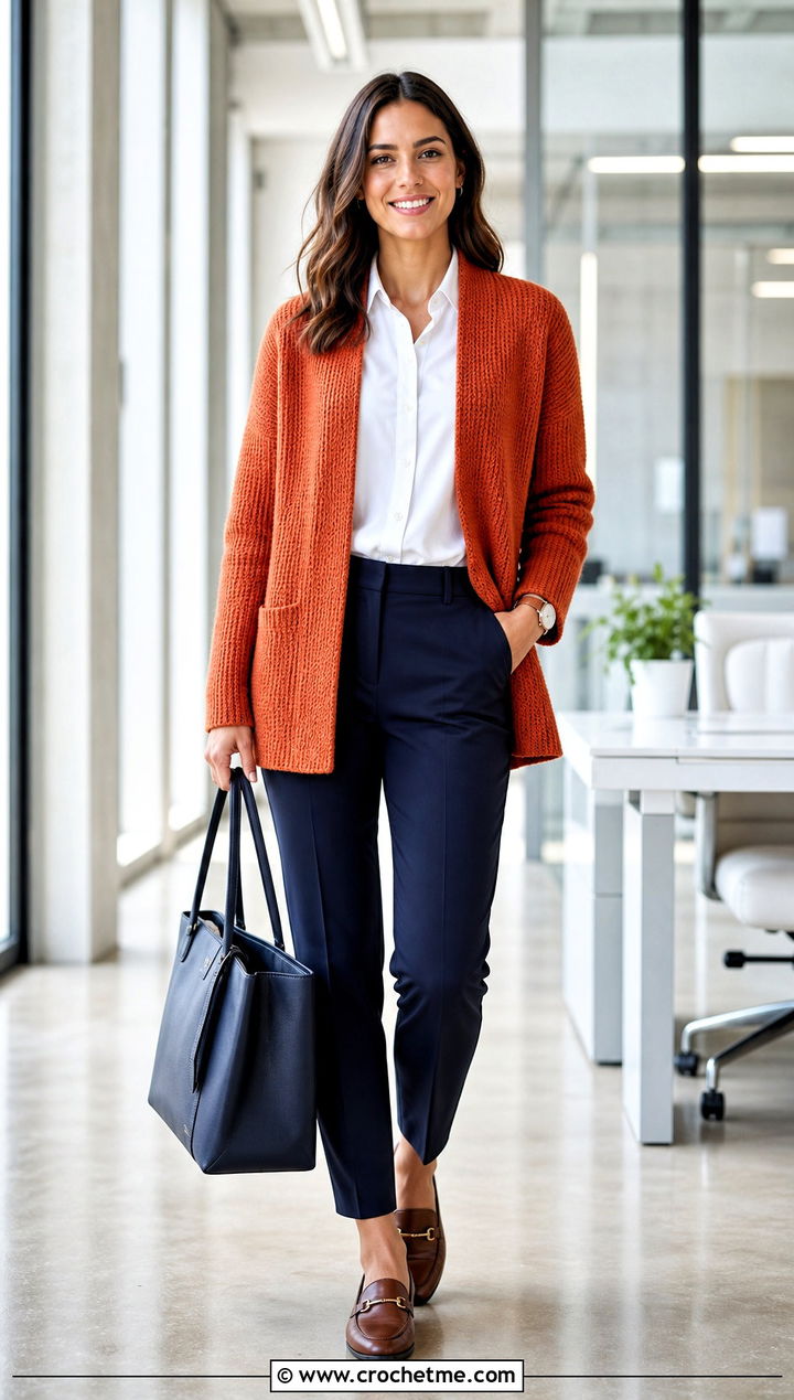 Open Front Tunisian Cardigan With Shirt And Trousers - 35 tunisian crochet cardigan outfit ideas