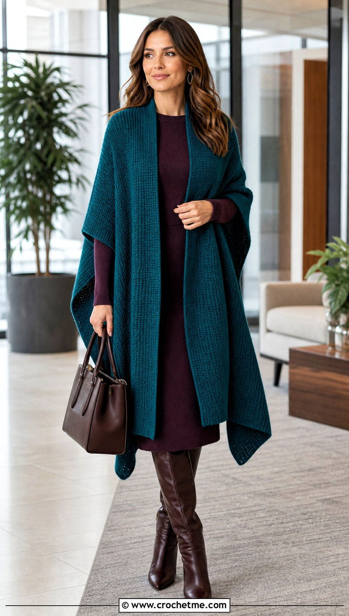 Open Front Tunisian Ruana Poncho With A Sweater Dress - 30 tunisian crochet poncho outfit ideas