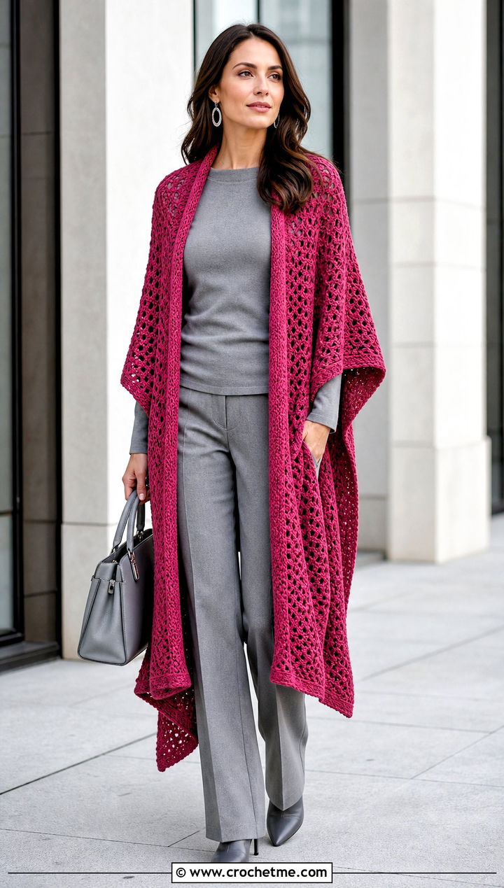 Open Front Vintage Crochet Poncho With Monochrome Outfit - 15 Vintage Crochet Poncho outfit ideas