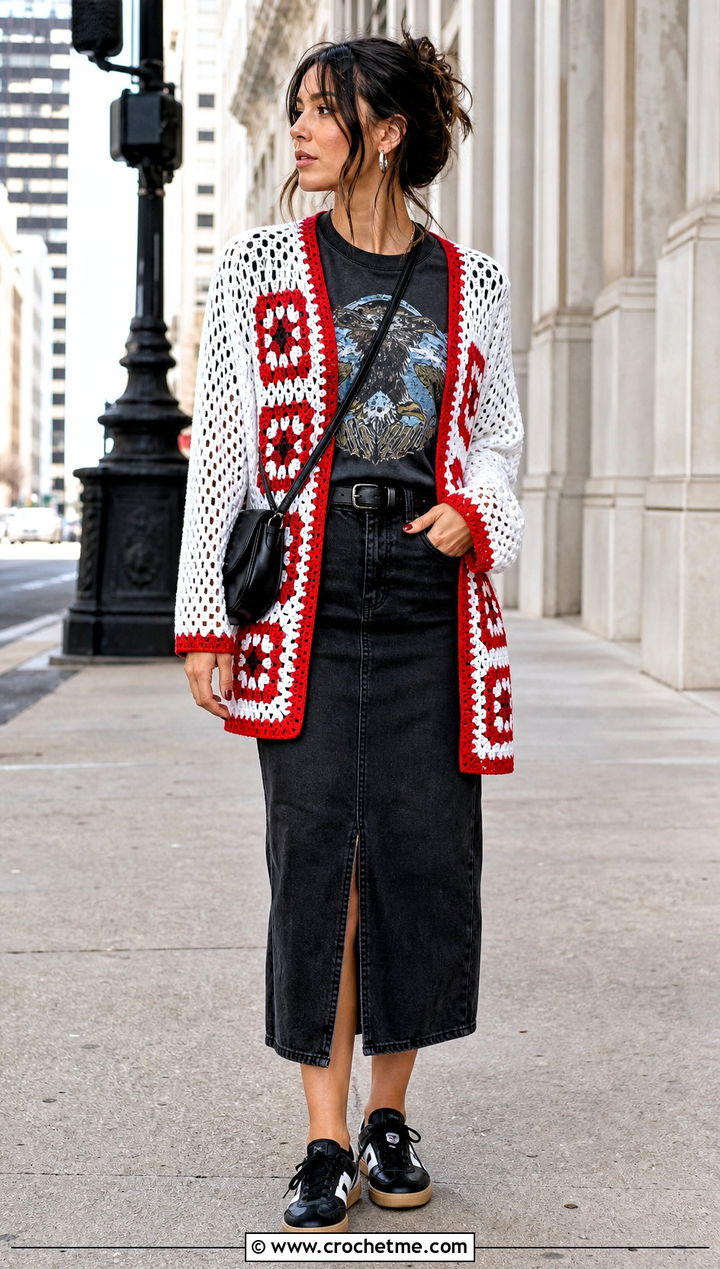 Open Front White Crochet Cardigan With Graphic Tee - 35 crochet white cardigan outfit ideas