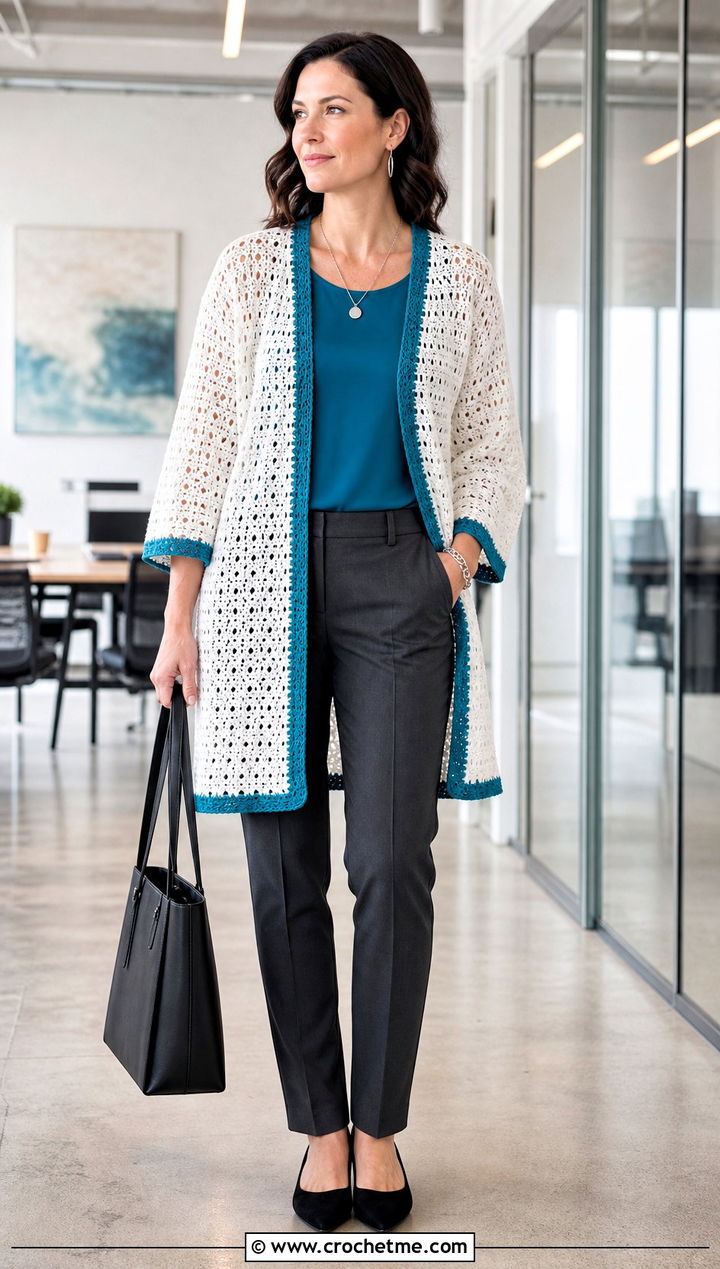 Open Front White Crochet Kimono With Tailored Trousers - 15 White Crochet Kimono outfit ideas