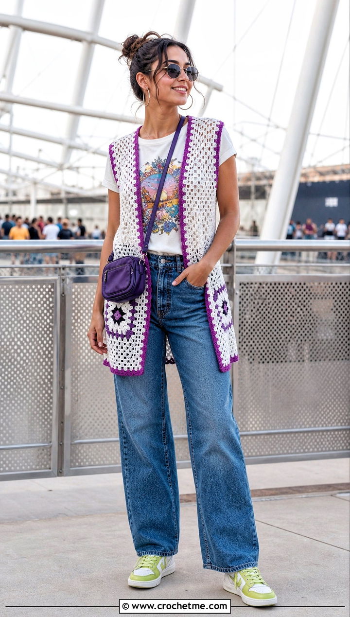 Open Front White Crochet Vest With Graphic T Shirt - 35 white crochet vest outfit ideas