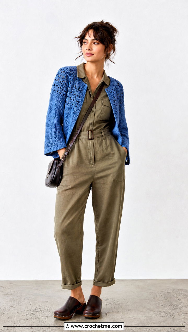 Open Front Yoke Cardigan With Utility Jumpsuit - 20 Crochet Yoke Cardigan outfit ideas