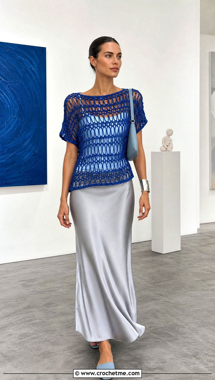 Open Grid Crochet Mesh Top With Slip Skirt - 30 crochet summer mesh top outfit ideas