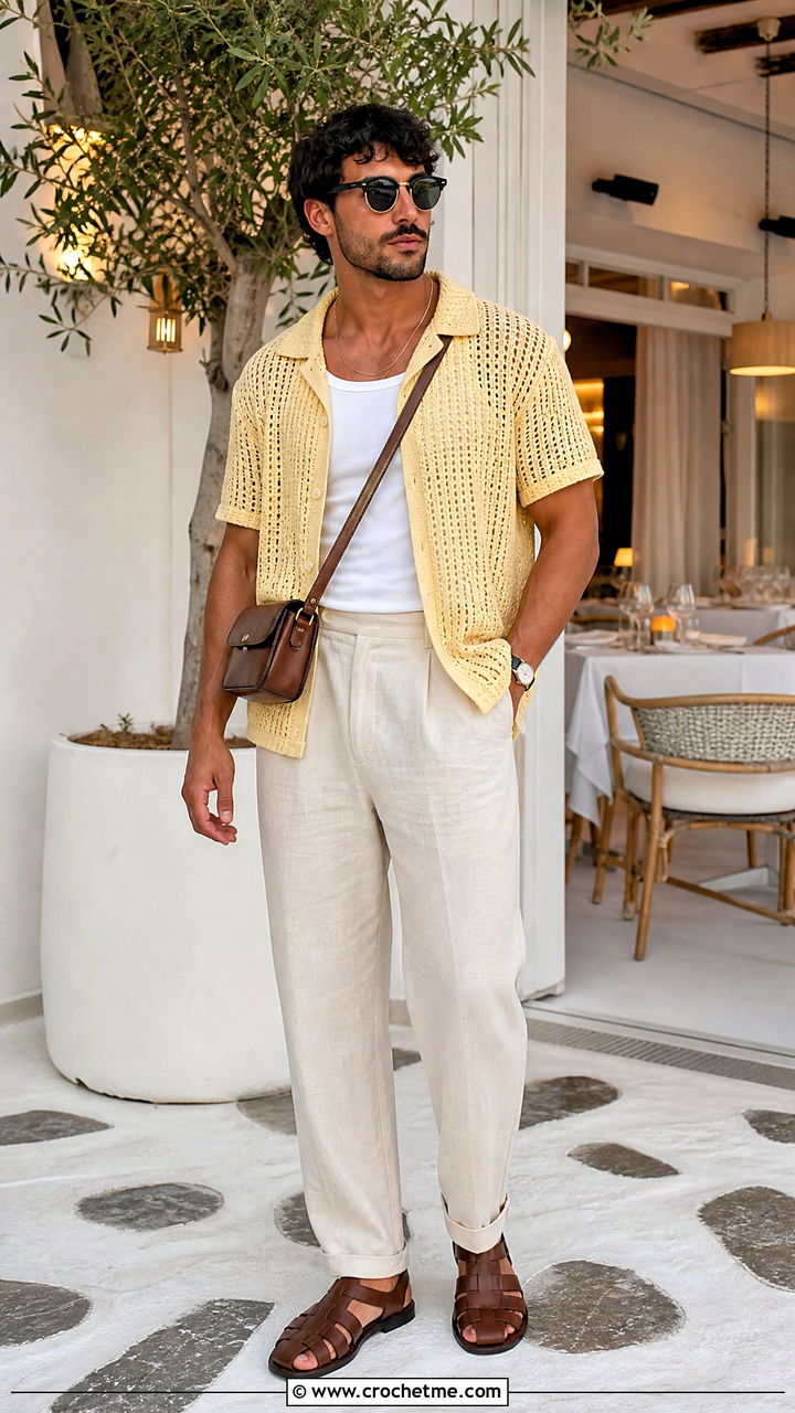Open Knit Camp Collar Crochet Shirt With Linen Trousers - 35 crochet shirts for men outfit ideas