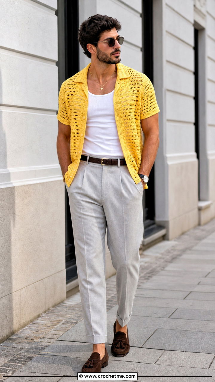 Open Knit Camp Collar Crochet Shirt With Pleated Trousers - 35 crochet shirt men outfit ideas