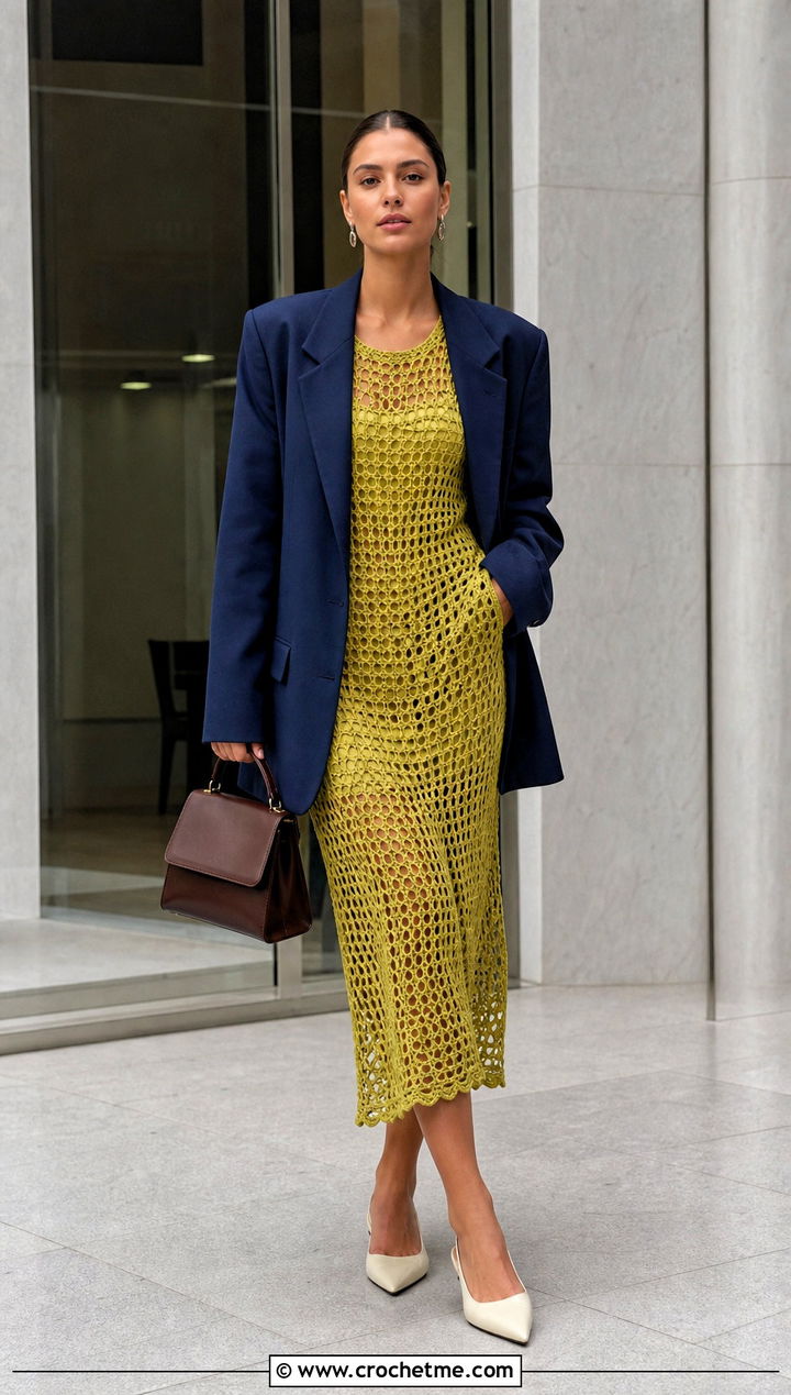 Open Knit Crochet Boho Midi Dress With Tailored Blazer - 30 crochet boho dress outfit ideas