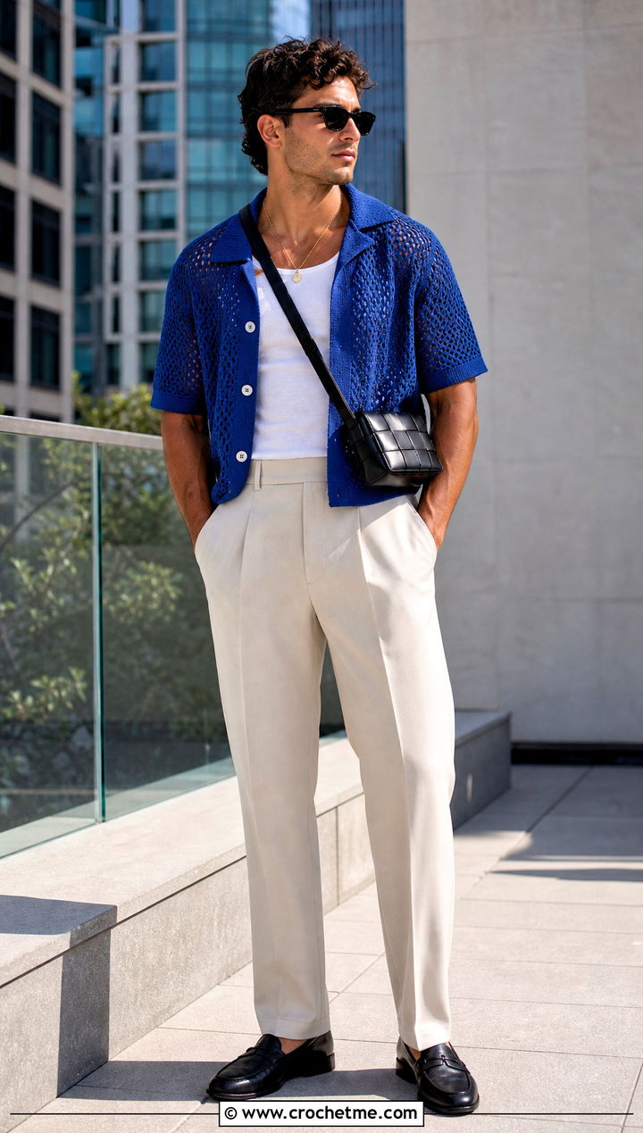 Open Knit Crochet Camp Shirt With Pleated Trousers - 25 Crochet Guys Clothes and outfit ideas