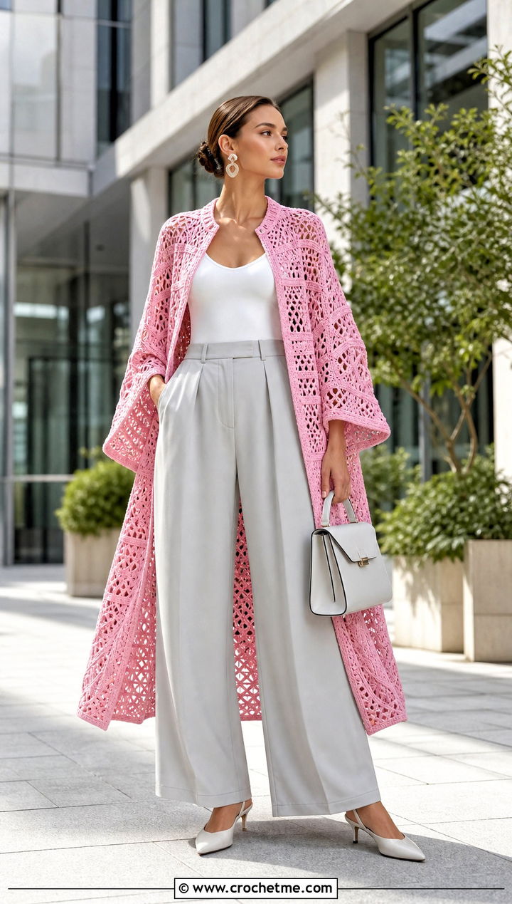 Open Knit Crochet Cape Coat With Wide Leg Trousers - 15 Crochet Cape Coat outfit ideas