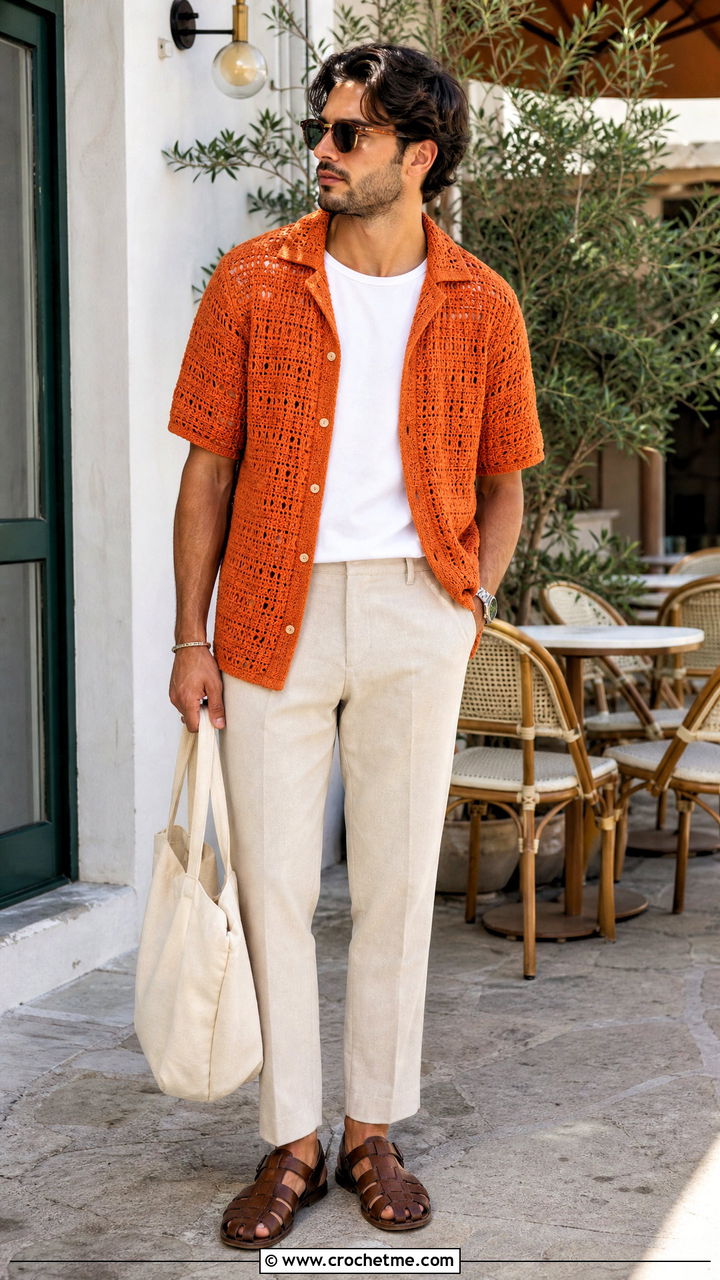 Open Knit Crochet Overshirt With Chinos - 35 crochet top men outfit ideas