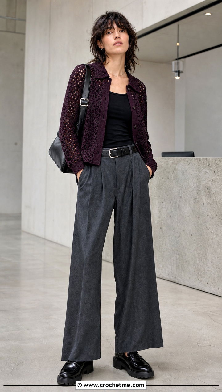 Open Knit Crochet Polo With Pleated Trousers - 25 grunge crochet clothes and outfit ideas