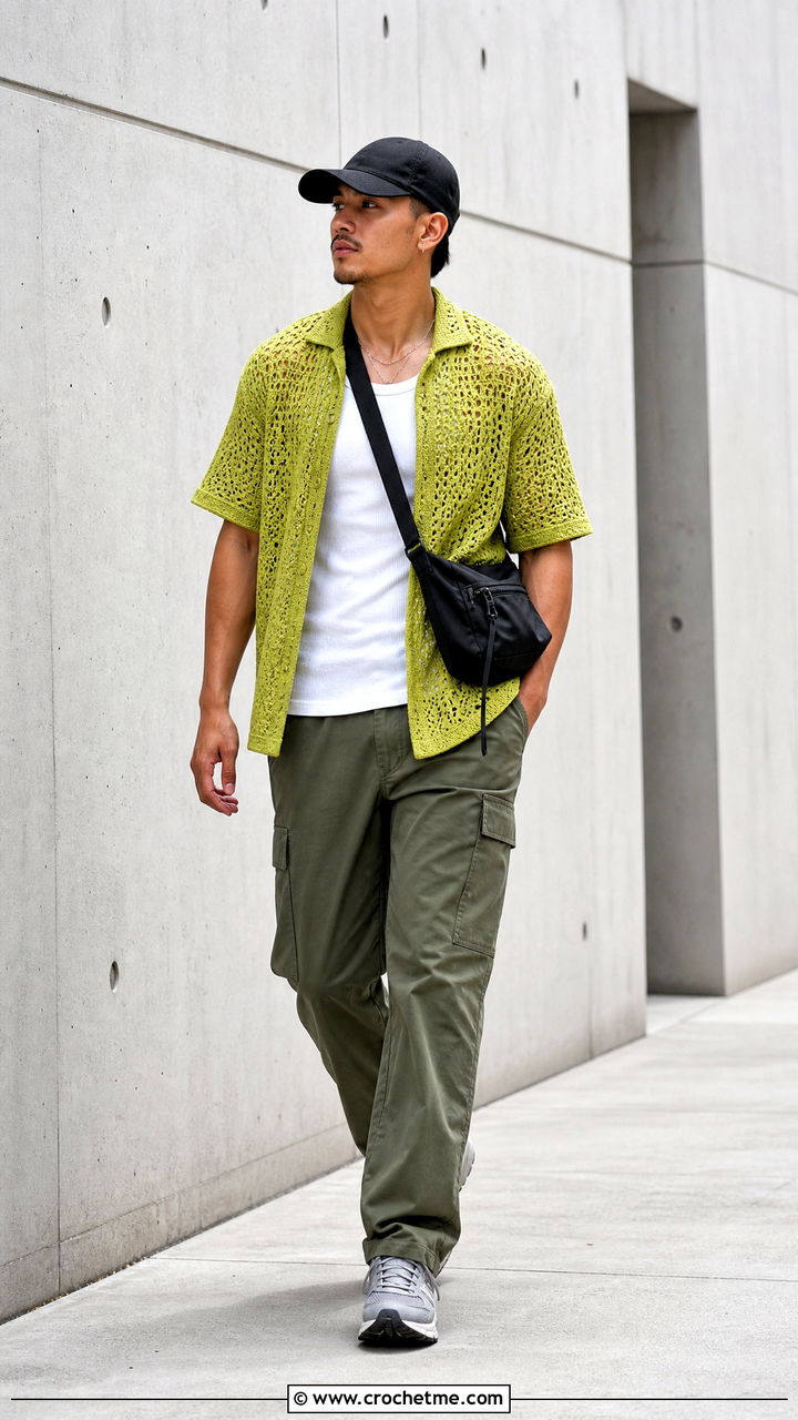 Open Knit Crochet Shirt With Cargo Pants - 35 crochet men shirt outfit ideas