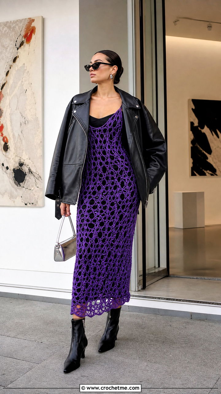 Open Knit Crochet Slip Dress With Leather Jacket - 35 crochet dresses outfit ideas