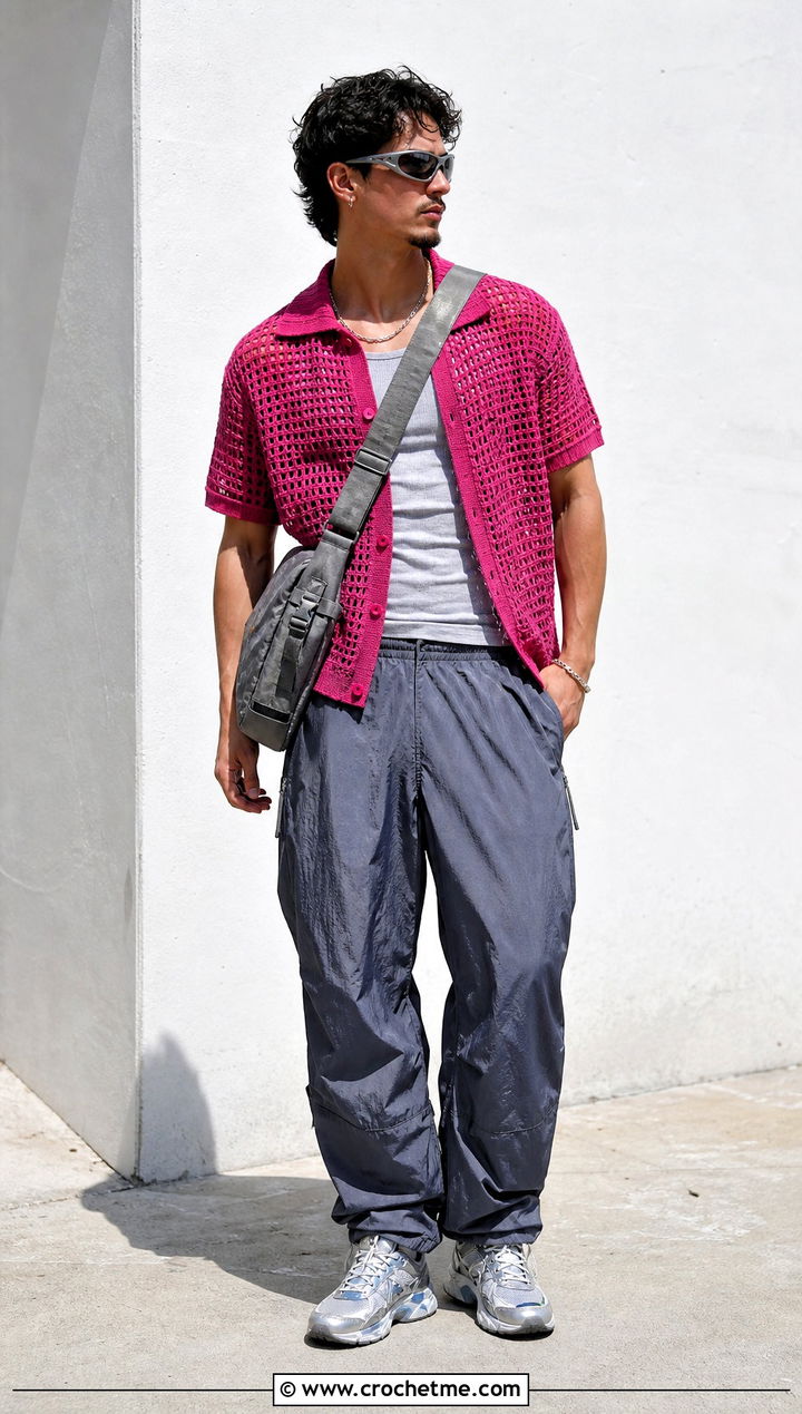 Open Knit Crochet T Shirt With Parachute Pants - 35 men's crochet shirt outfit ideas