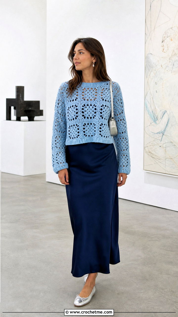 Open Knit Granny Square Sweater With Slip Dress - 35 4 Granny Square Sweater outfit ideas