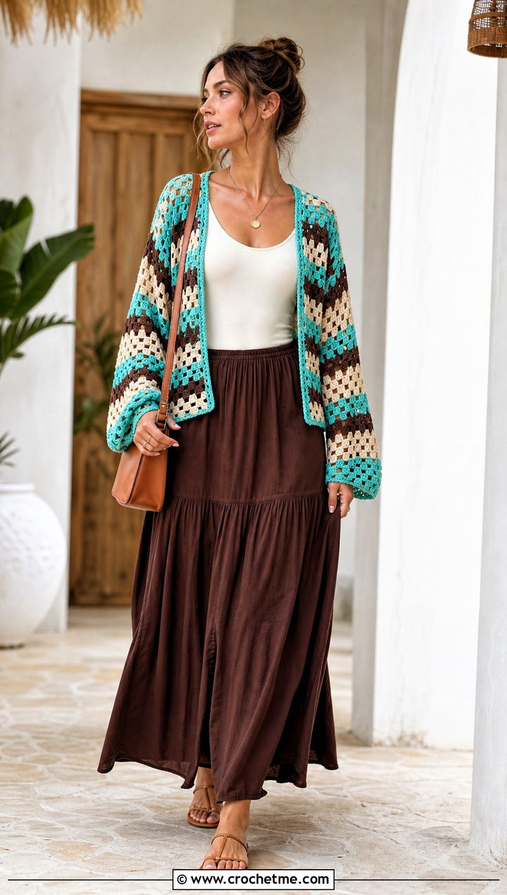 Open Knit Granny Stripe Crochet Sweater With A Maxi Skirt - 25 Granny Stripe Crochet Sweater outfit ideas