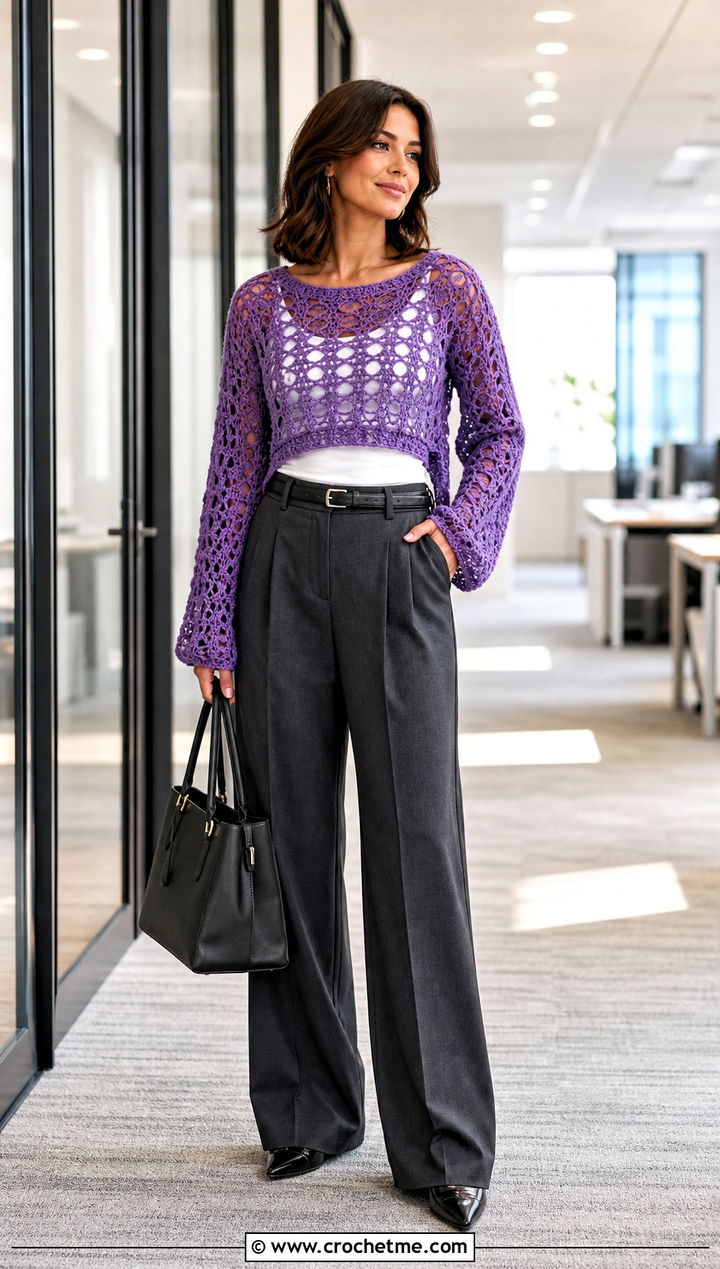 Open Knit Raglan Crochet Sweater With Tailored Trousers - 15 old navy crochet sweater outfit ideas