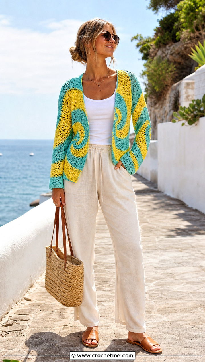 Open Knit Spiral Crochet Sweater With Linen Pants - 35 spiral crochet sweater outfit ideas