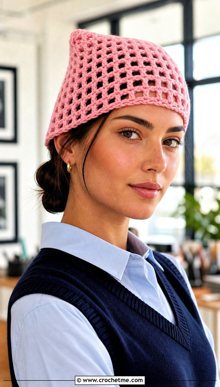 Open Knit Square Beanie With Button Down And Trousers - 25 square crochet beanie outfit ideas