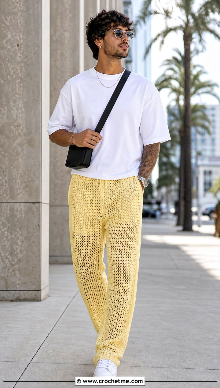 Open Knit Straight Leg Crochet Pants With White Tee - 35 crochet pants men outfit ideas