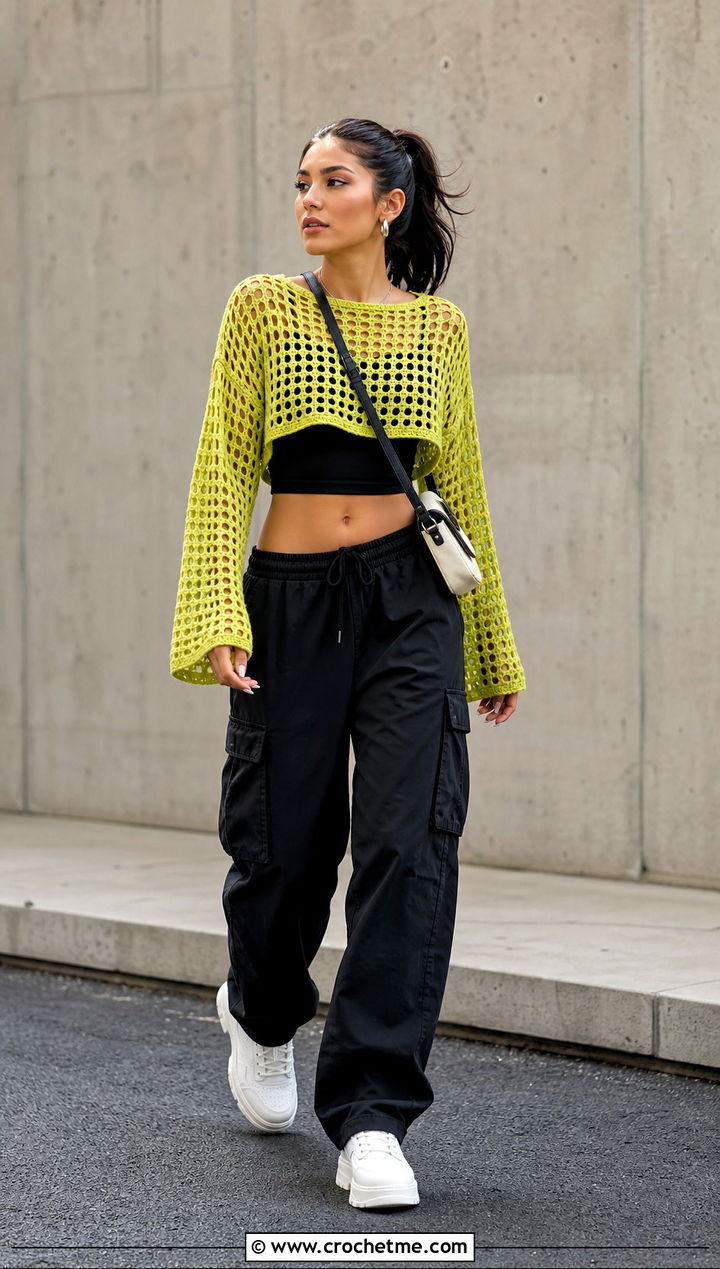 Open Mesh Rectangle Crochet Top With Cargo Pants - 20 2 Rectangle Crochet Top outfit ideas