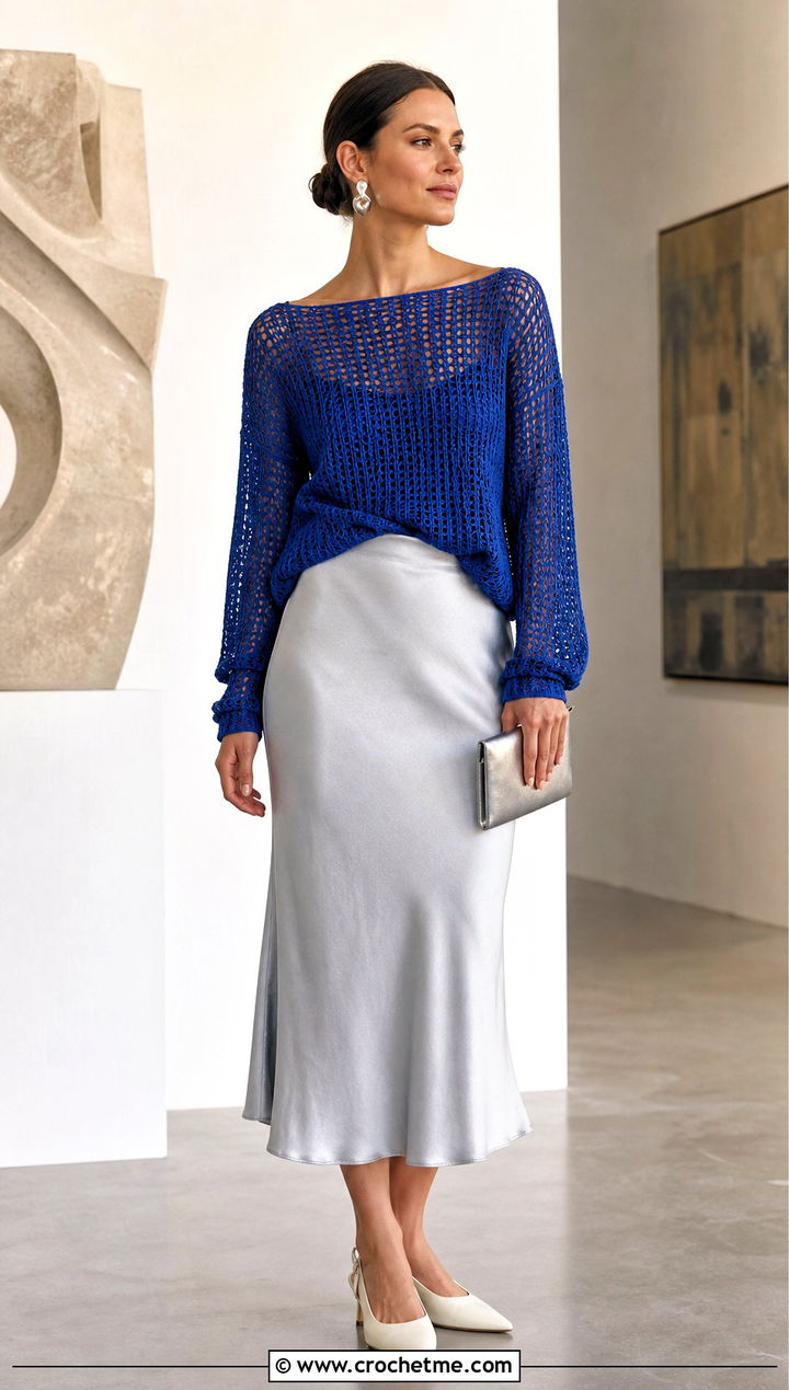 Open Mesh Boat Neck Crochet Sweater With Satin Midi Skirt - 15 boat neck crochet sweater outfit ideas
