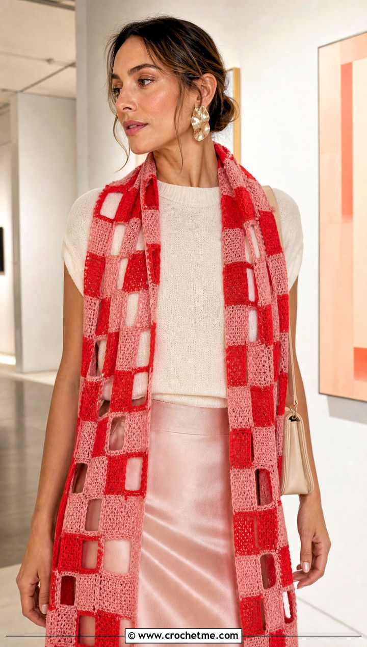 Open Mesh Checkered Crochet Scarf With Satin Skirt and Knit Top - 20 Checkered Crochet Scarf outfit ideas