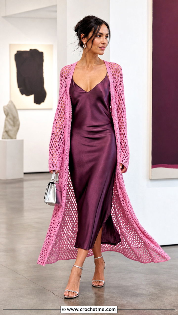 Open Mesh Crochet Duster With Satin Slip Dress - 25 crochet duster outfit ideas