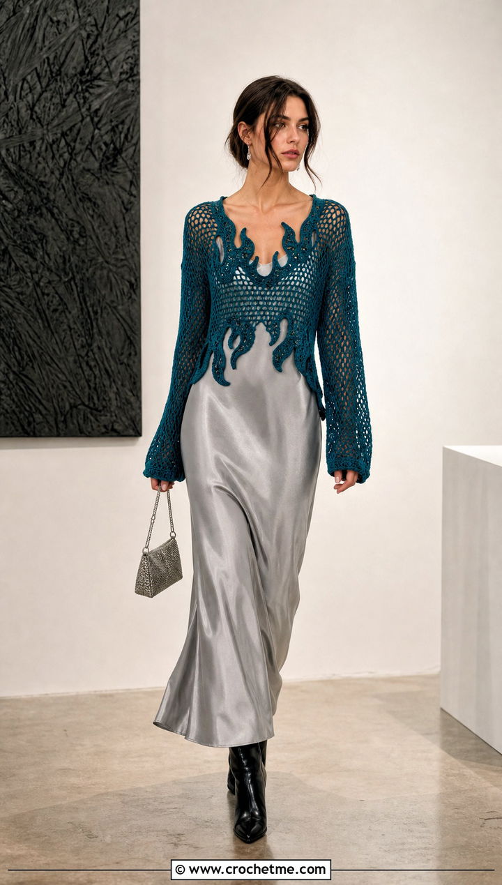 Open Mesh Crochet Fire Sweater With Satin Slip Dress - 25 Crochet Fire Sweater outfit ideas
