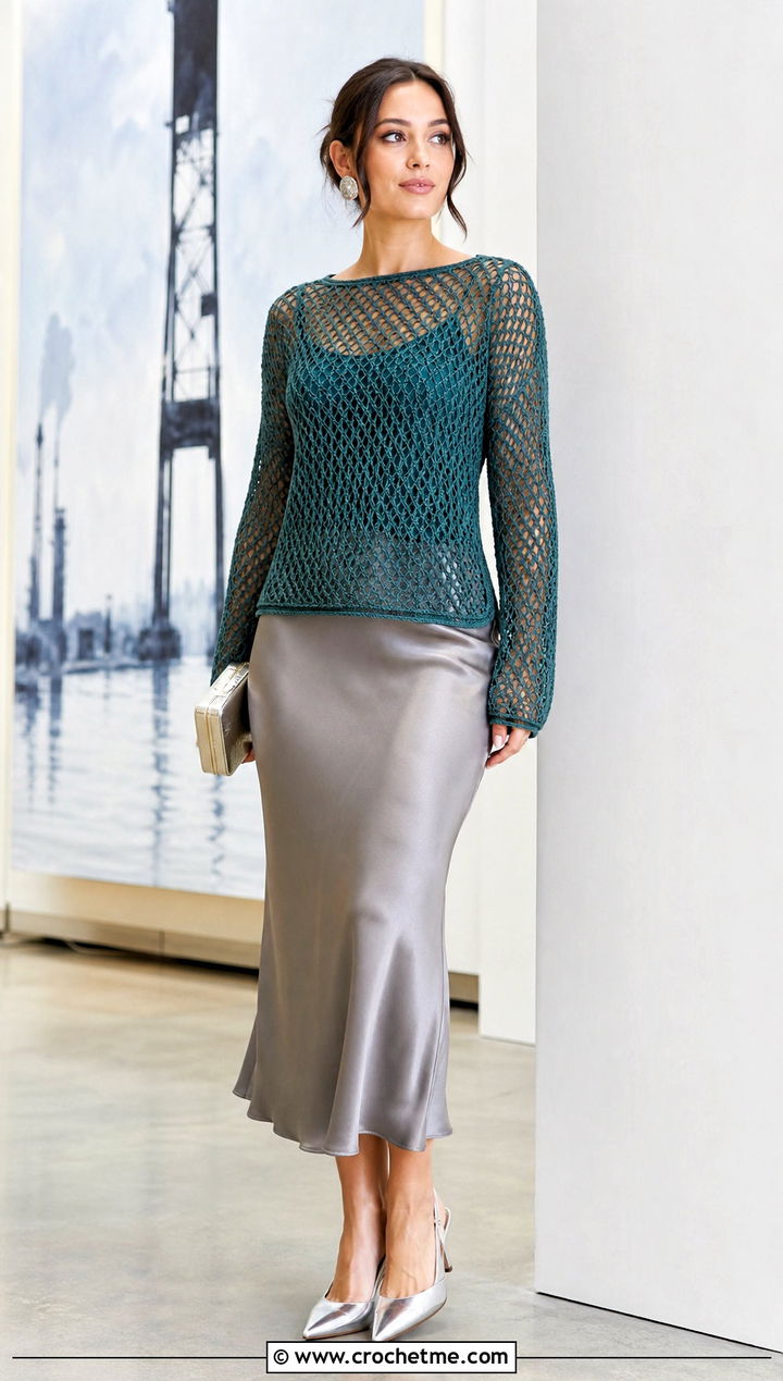 Open Mesh Crochet Jumper With Satin Midi Skirt - 35 easy crochet jumper outfit ideas