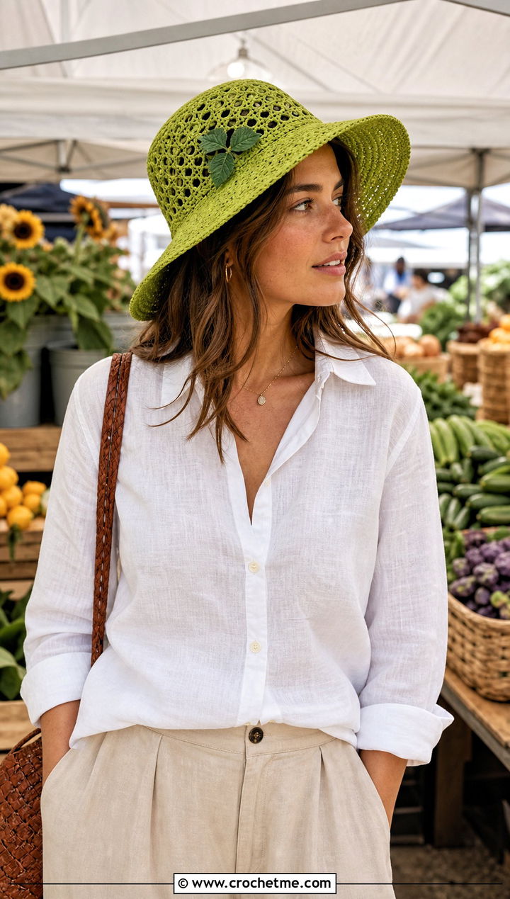 Open Mesh Crochet Scarecrow Hat With Linen Shirt And Culottes - 30 crochet scarecrow hat outfit ideas