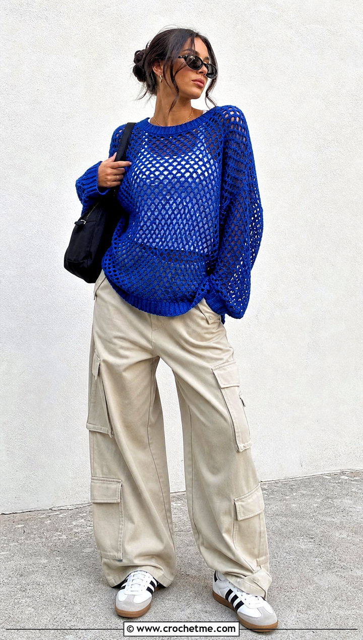 Open Mesh Crochet Sweater With Cargo Pants - 15 Oversized Crochet Sweaters outfit ideas