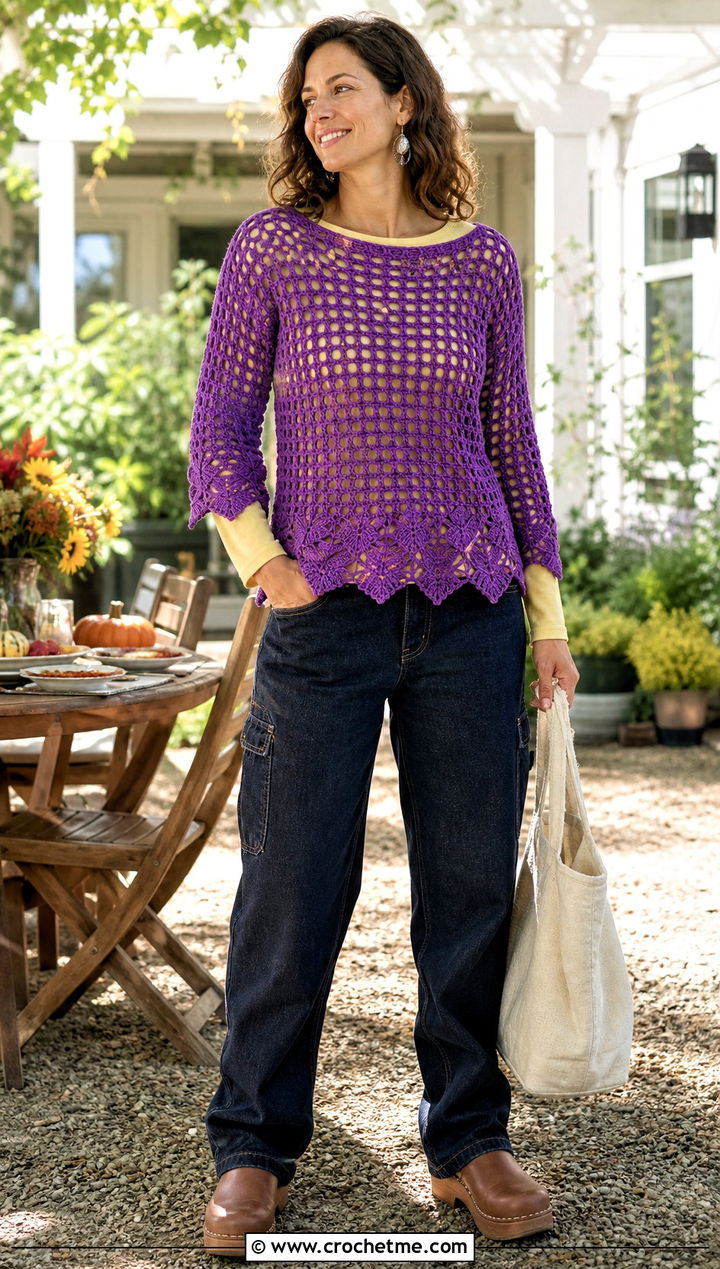 Open Mesh Crochet Sweater With Carpenter Jeans - 25 Crochet Thanksgiving Sweater outfit ideas