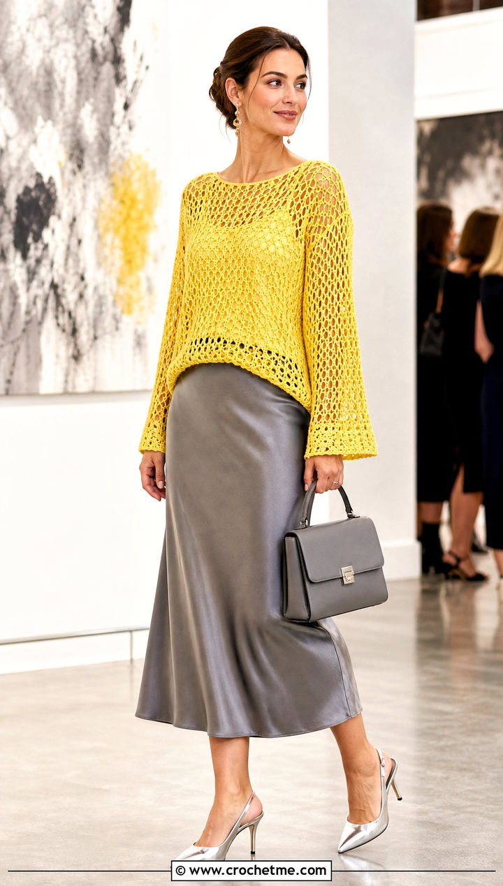 Open Mesh Crochet Sweater With Satin Midi Skirt - 30 crochet key sweater outfit ideas