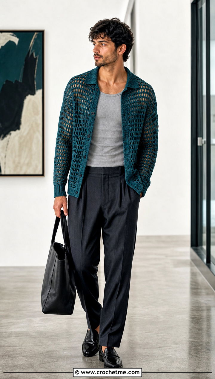 Open Mesh Crochet Sweater With Tailored Trousers - 35 men's crochet sweater ideas
