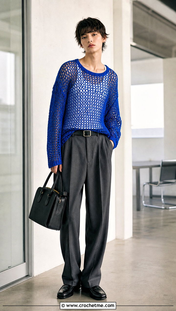 Open Mesh Crochet Sweater With Tailored Trousers - 25 unisex crochet sweater outfit ideas