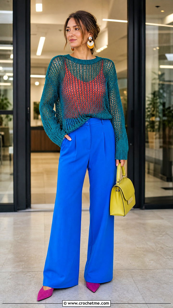 Open Mesh Crochet Sweater With Tailored Trousers - 35 crochet sweater design outfit ideas