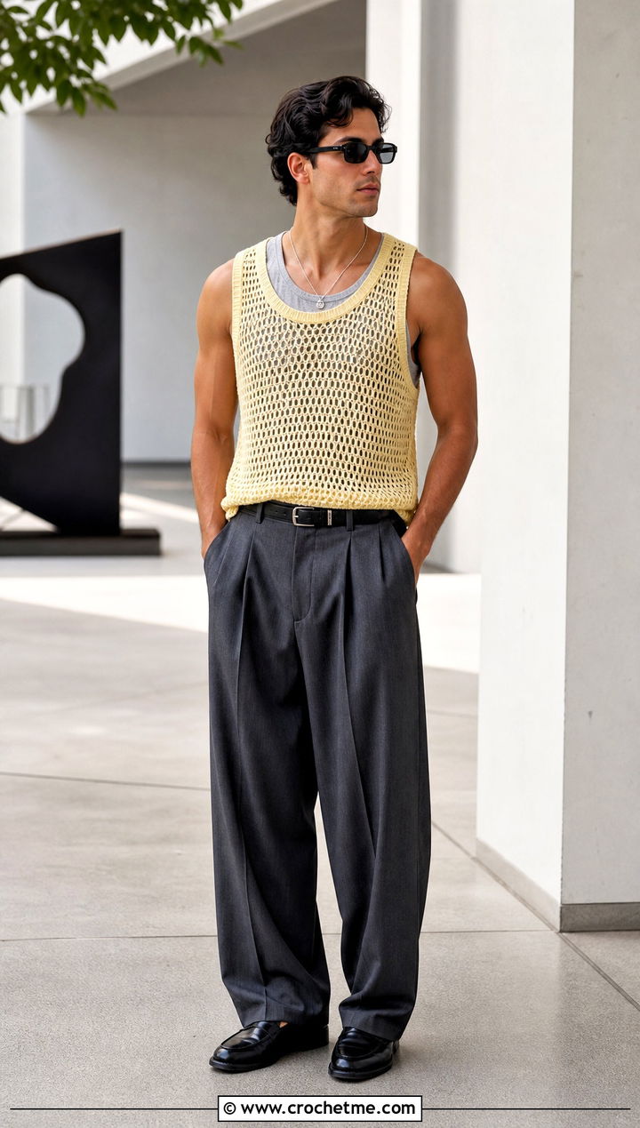 Open Mesh Crochet Tank Top With Tailored Trousers - 30 Mens Crochet Tank Top outfit ideas