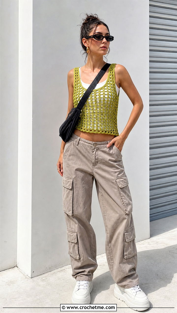 Open Mesh Crochet Tank With Cargo Pants - 30 quick crochet top outfit ideas