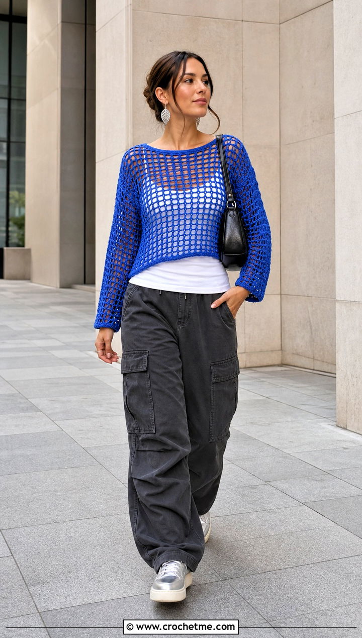 Open Mesh Crochet Top With Cargo Pants - 25 Fairy Core Crochet Outfits ideas