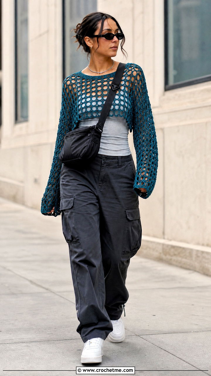 Open Mesh Crochet Top With Cargo Pants - 35 boho crochet top outfit ideas