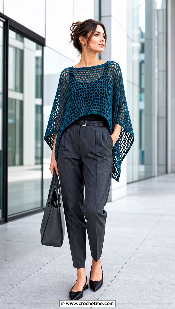 Open Mesh Cropped Crochet Poncho With Tailored Trousers - 20 Cropped Crochet Poncho outfit ideas