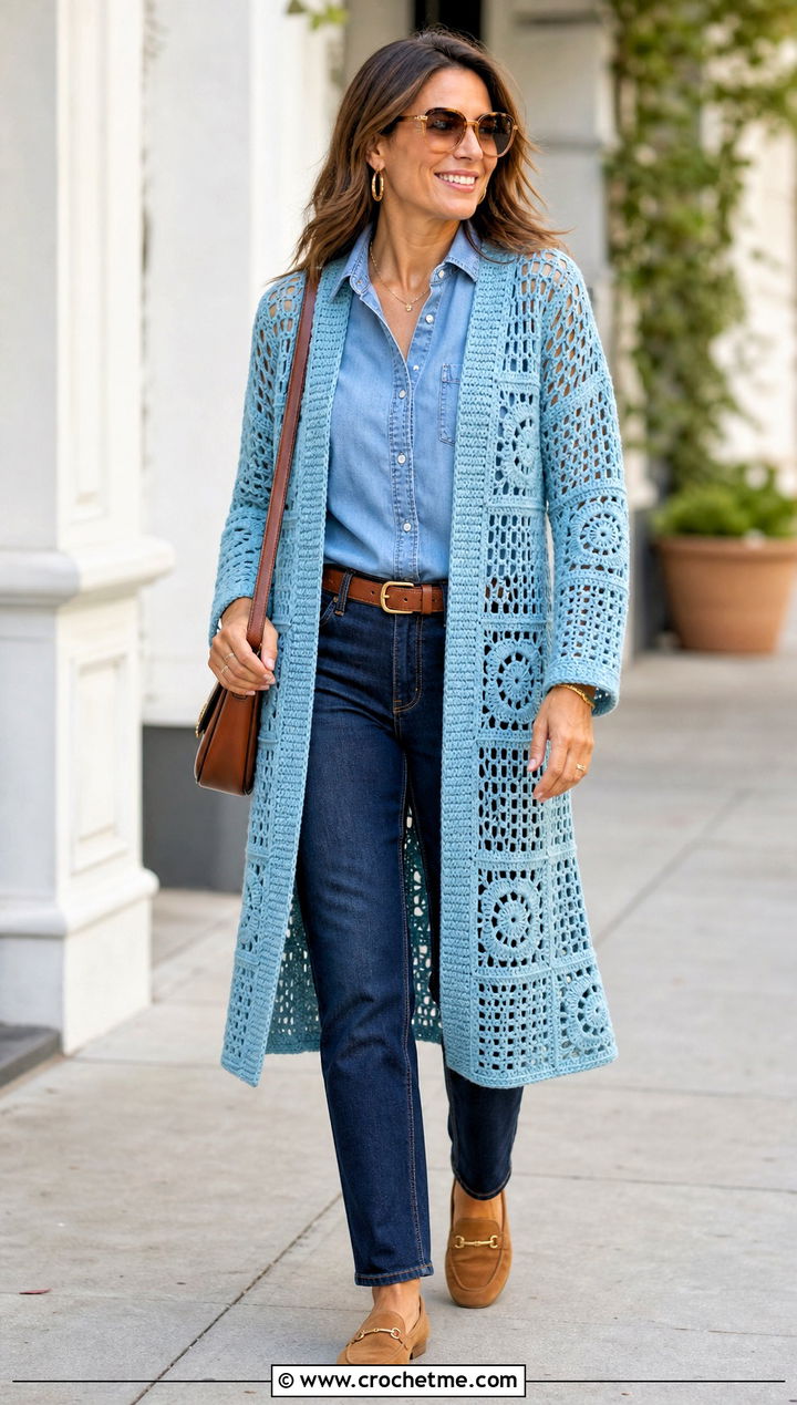 Open Mesh Granny Square Crochet Duster With Denim Shirt - 15 Granny Square Crochet Duster outfit ideas